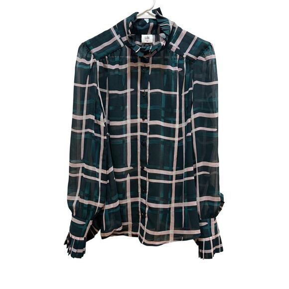 CAbi Women M Cake Ruffle Plaid Green White Sheer Blouse Business Career Chic - Picture 1 of 8